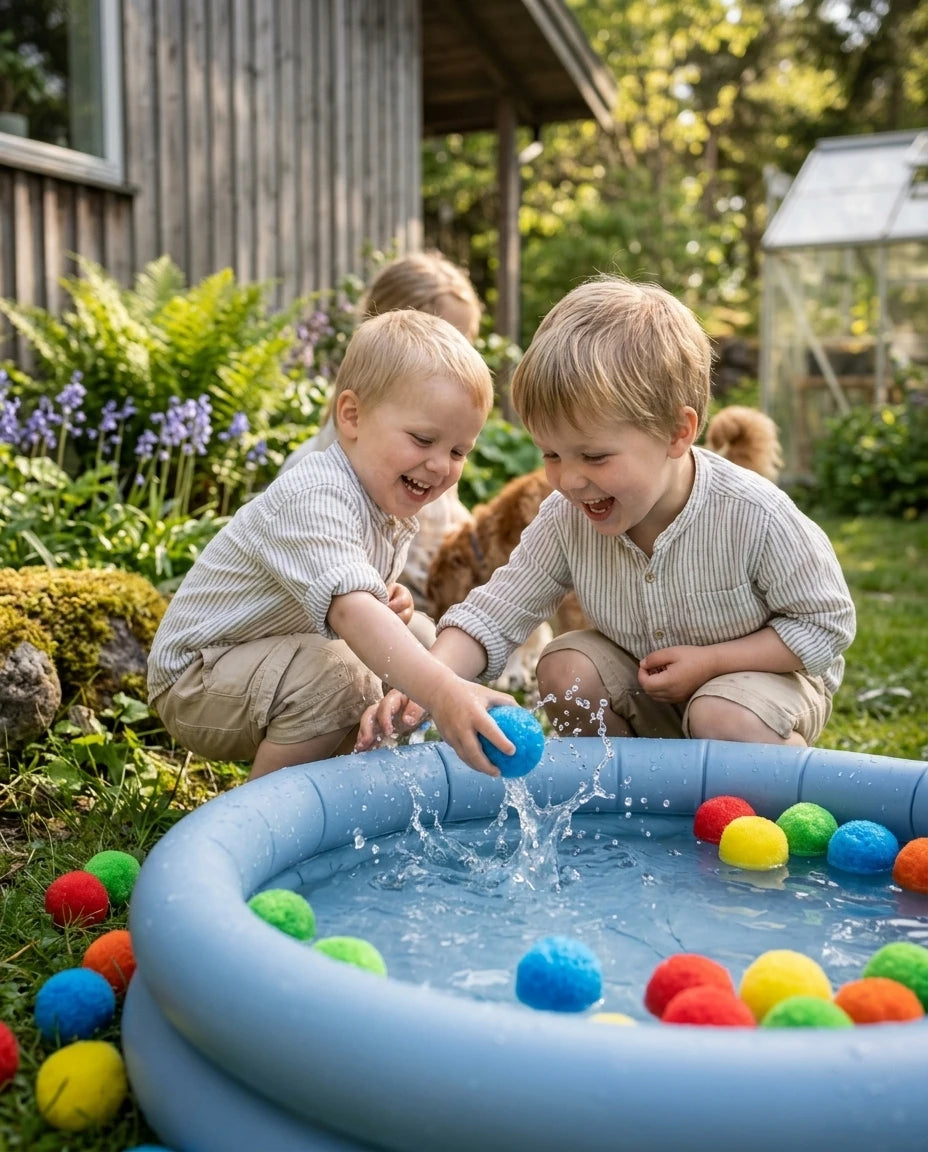 Glückliches Kind spielt mit nachhaltigen Wasserbomben am Pool