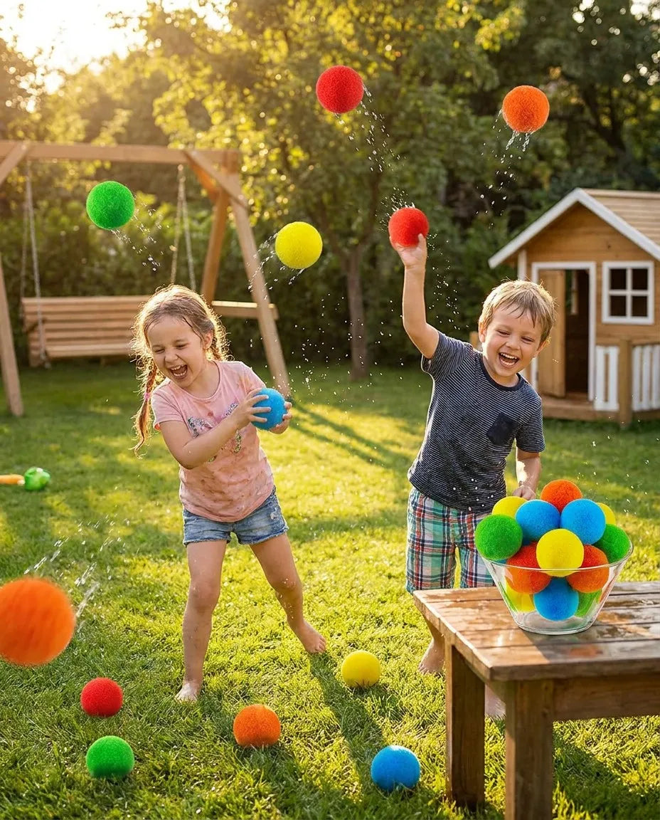Kinder Wasserschlacht im Garten mit bunten Wasserbällen