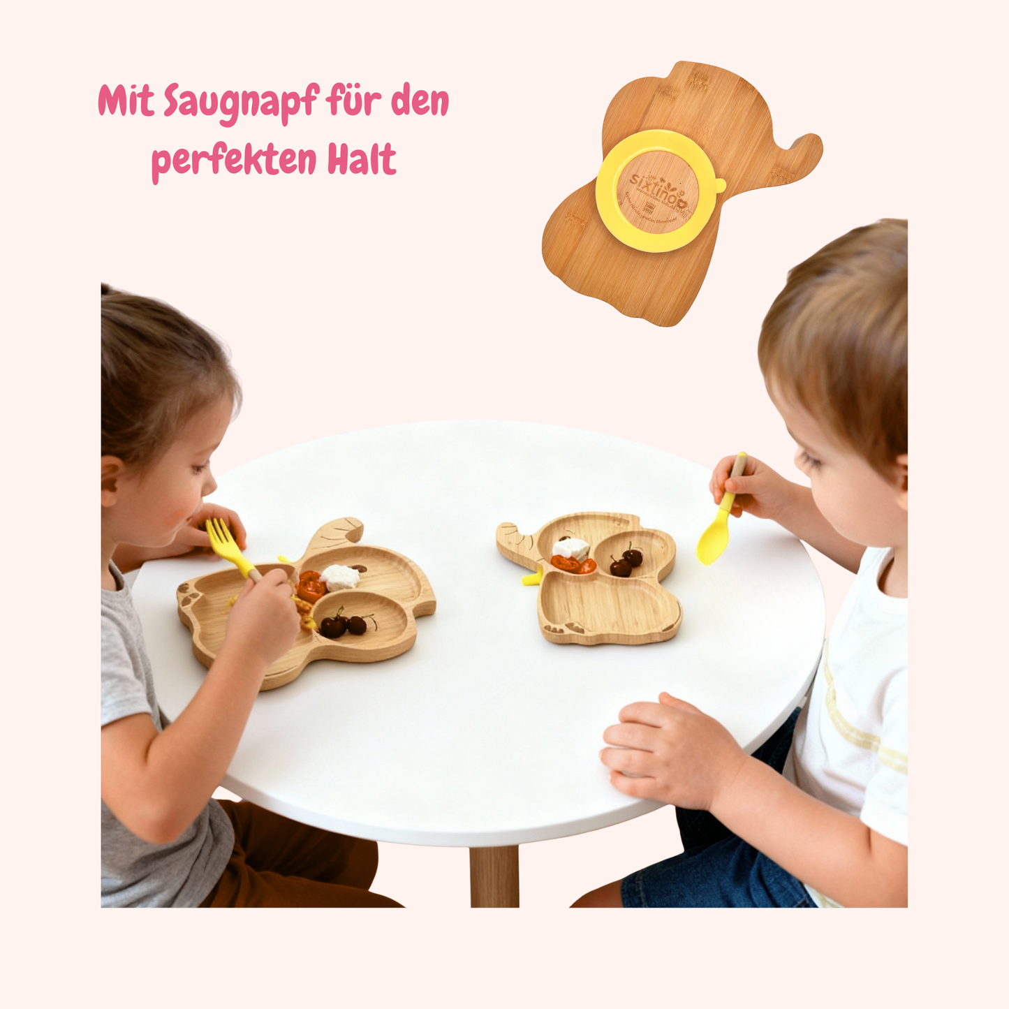 Bambus Kinderteller mit Silikon-Saugnapf – hält sicher auf dem Tisch