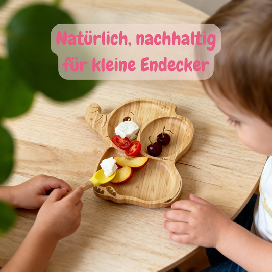 Bambus Kinderteller Elefant Set mit Saugnapf, Gabel und Löffel – Komplett-Set ohne Gravur