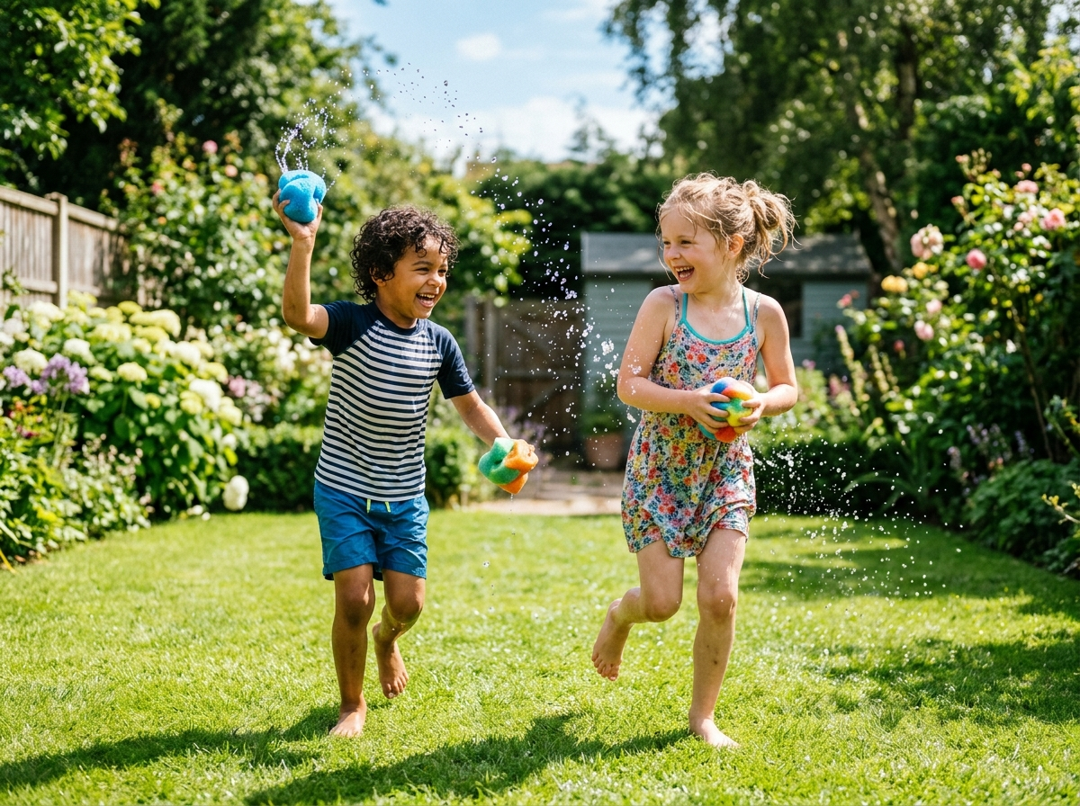 Kinder spielen Wasserschlacht im Garten mit bunten Wasserbällen