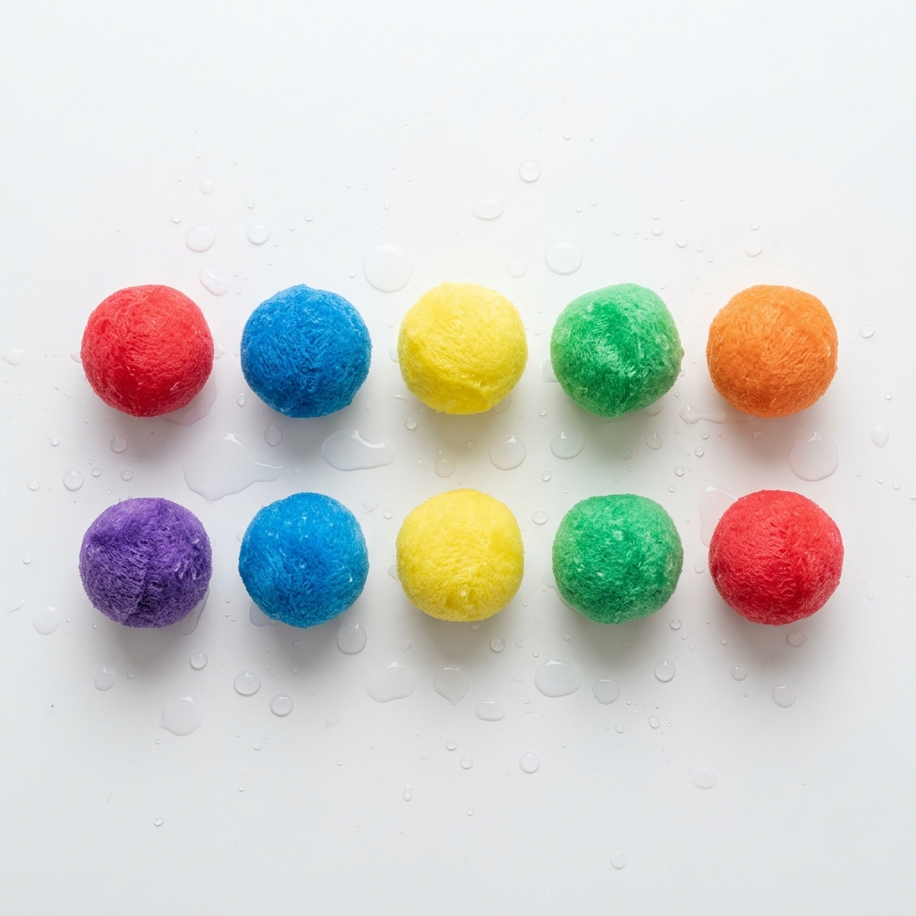 10 bunte Wasserbälle als Flat-Lay auf weißem Hintergrund – vollständiges Set