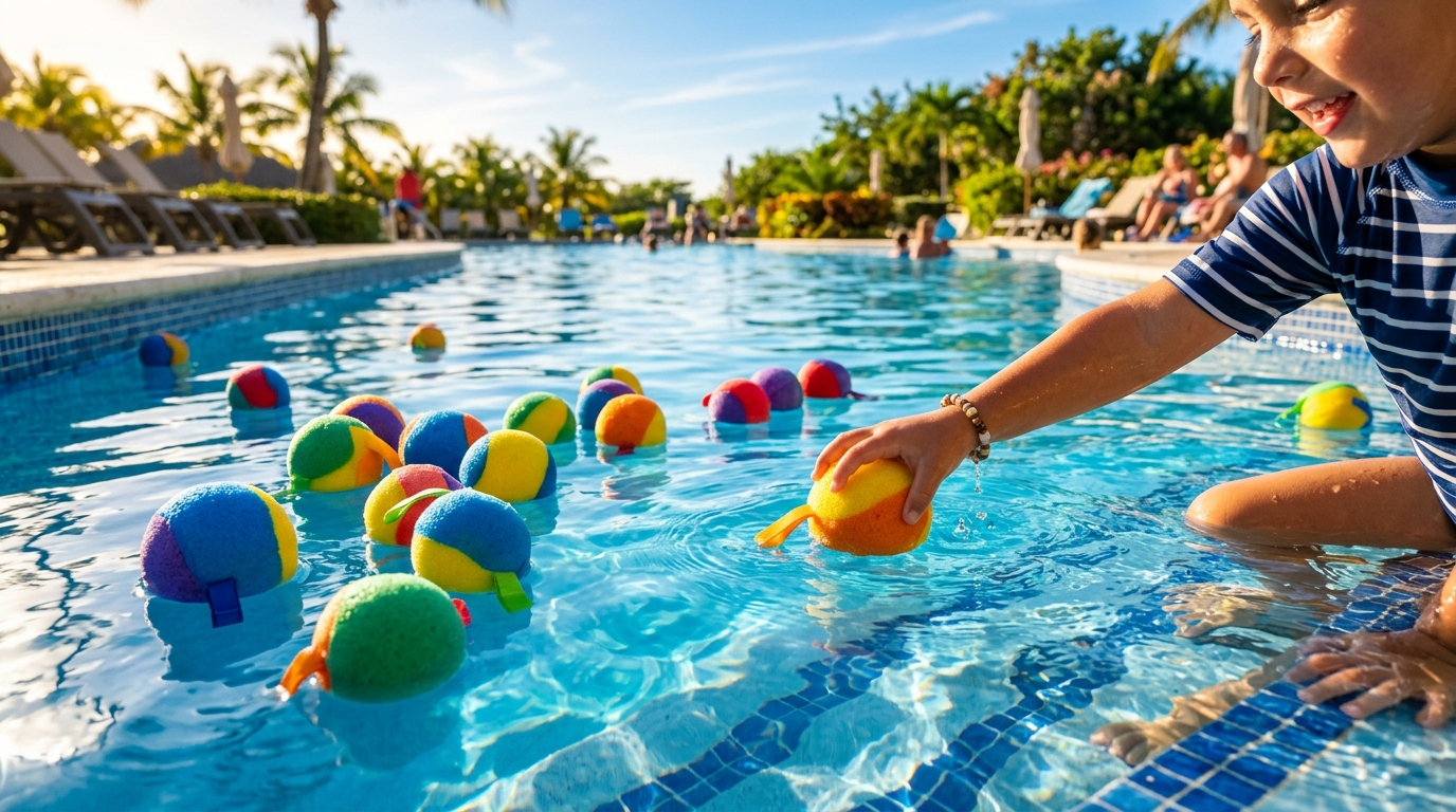 Bunte Wasserbälle schwimmen im Pool – Sommerspielzeug für Kinder