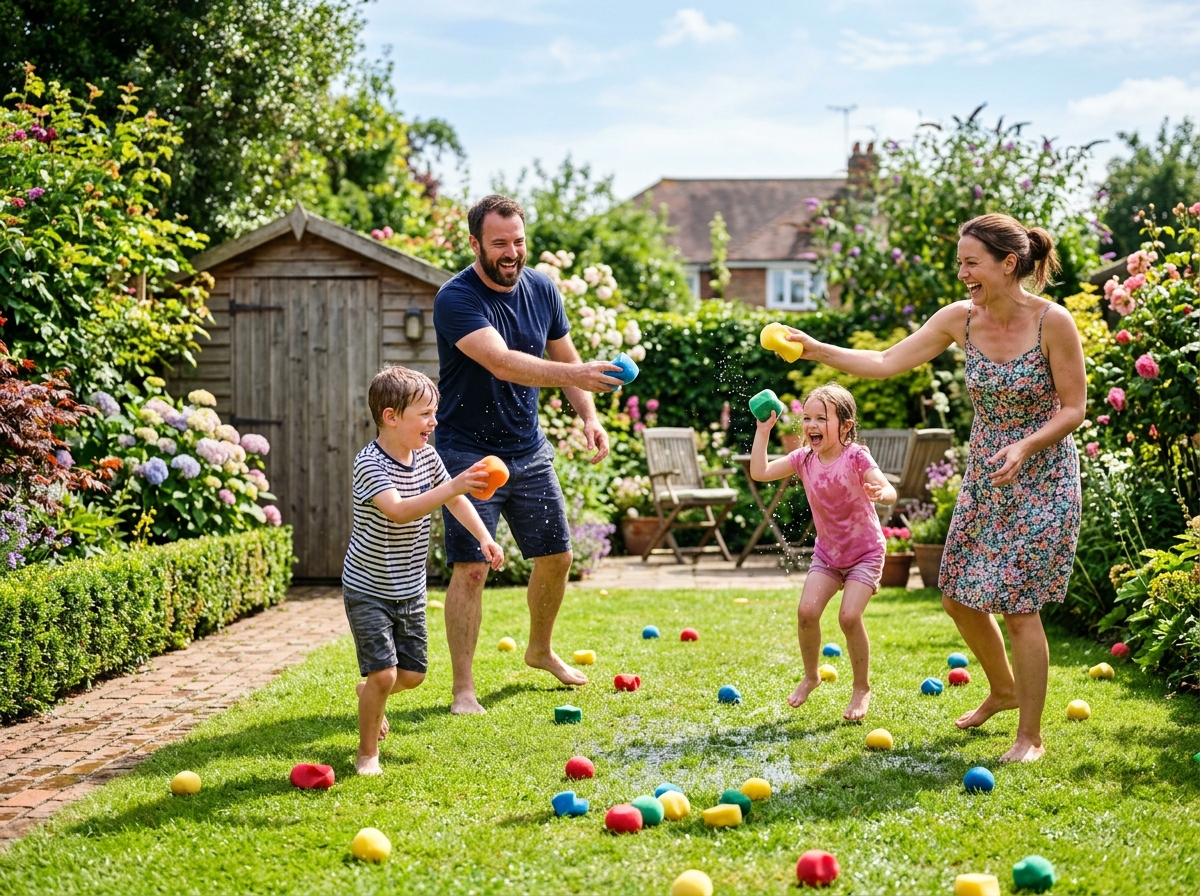 Familie lacht beim Wasserschlacht-Spaß im Garten – nachhaltig und plastikfrei