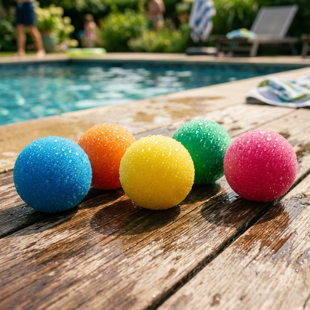 Nahaufnahme bunter Wasserbälle am Pool – saugstarkes Material mit Wassertropfen