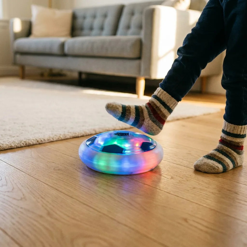 Kind spielt mit Hover-Fußball auf Parkett - Authentisches Lifestyle Foto